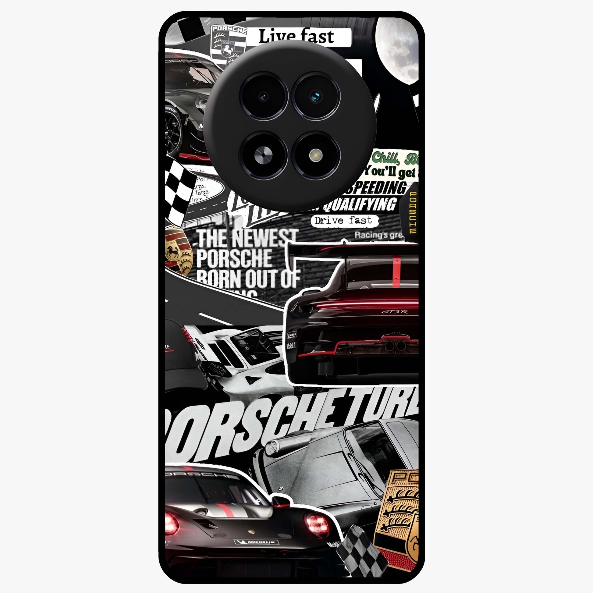 Porsche Racing Collage Glass Case showing flat back view with sports car racing collage artwork and glossy glass finish.