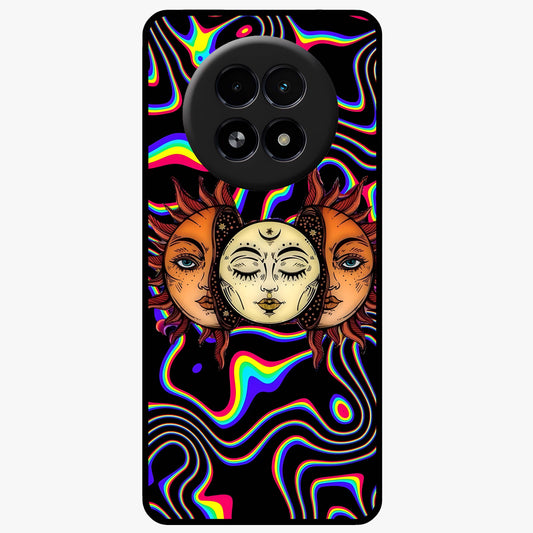 Psychedelic Sun Glass Case showing flat back view with colorful psychedelic sun artwork and glossy glass finish.