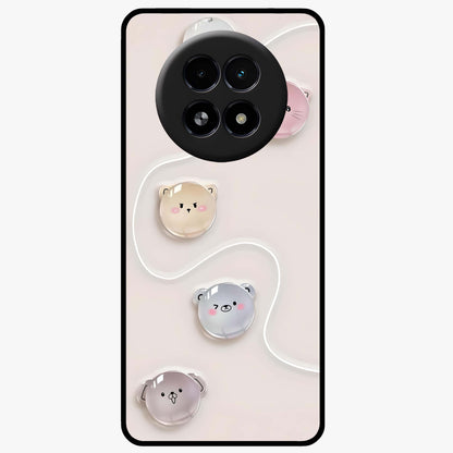 Puffy Face Parade Glass Case showing flat back view with cute puffy character faces artwork and glossy glass finish.