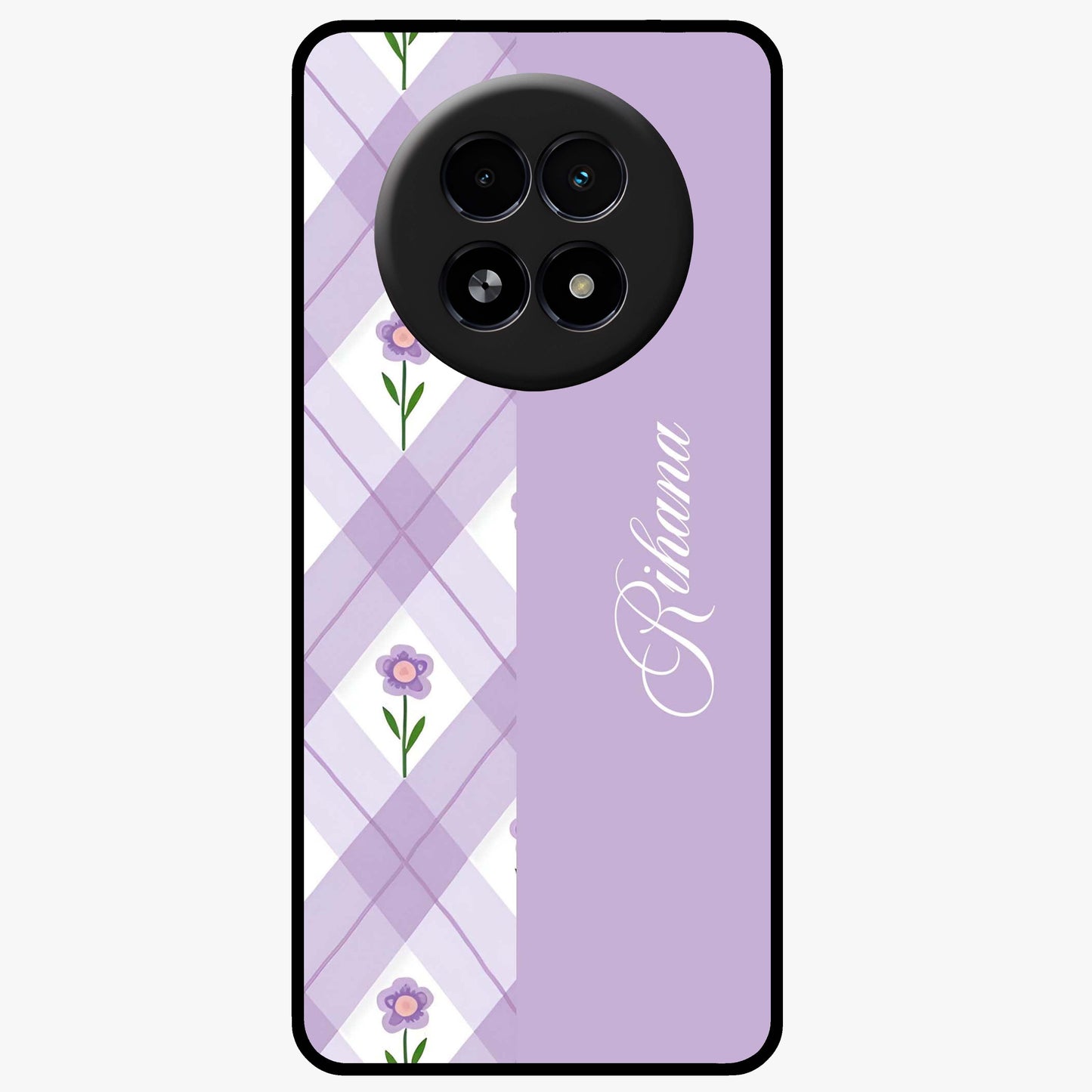 Purple Diamond Floral Glass Case showing flat back view with diamond shaped floral artwork and glossy glass finish.