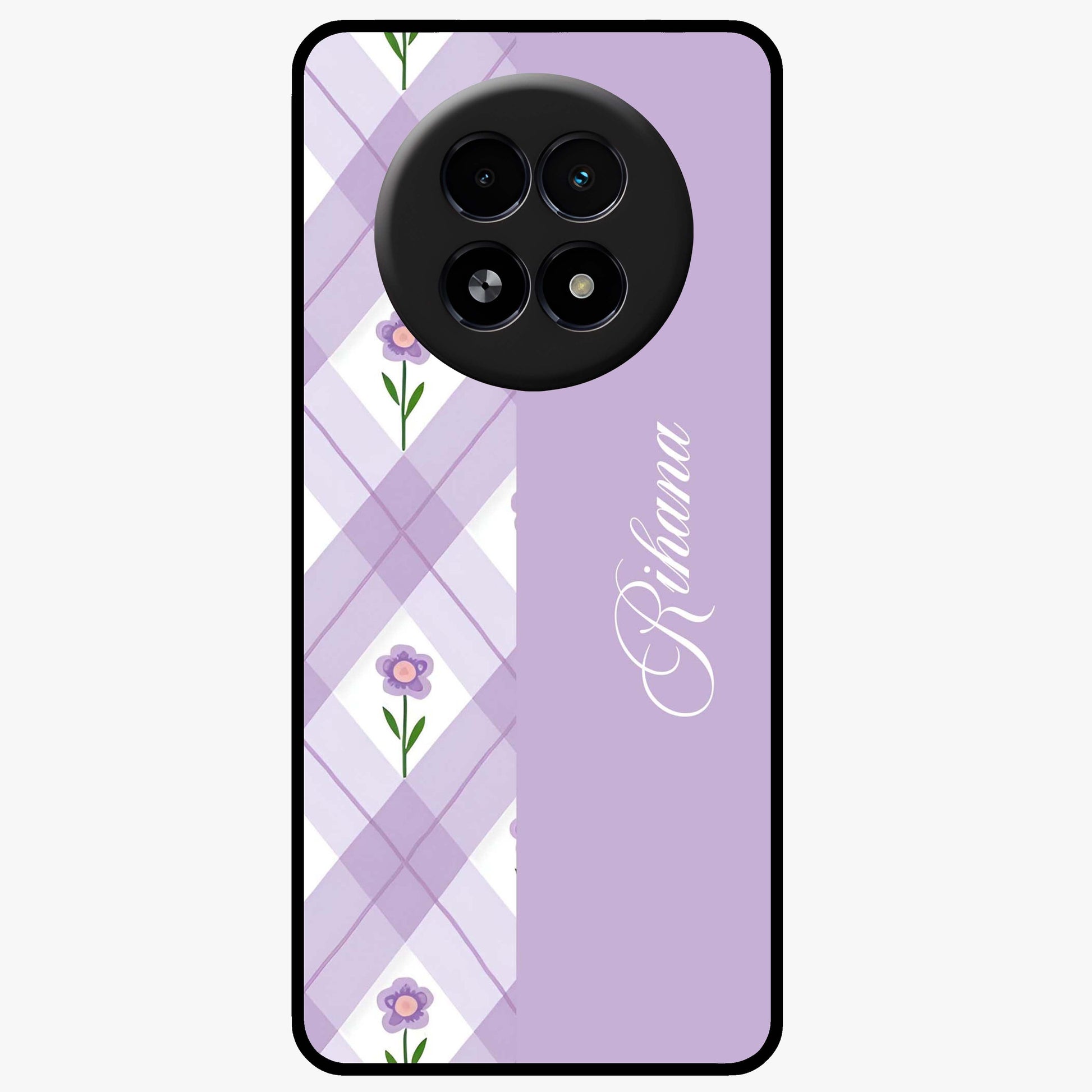 Purple Diamond Floral Glass Case showing flat back view with diamond shaped floral artwork and glossy glass finish.