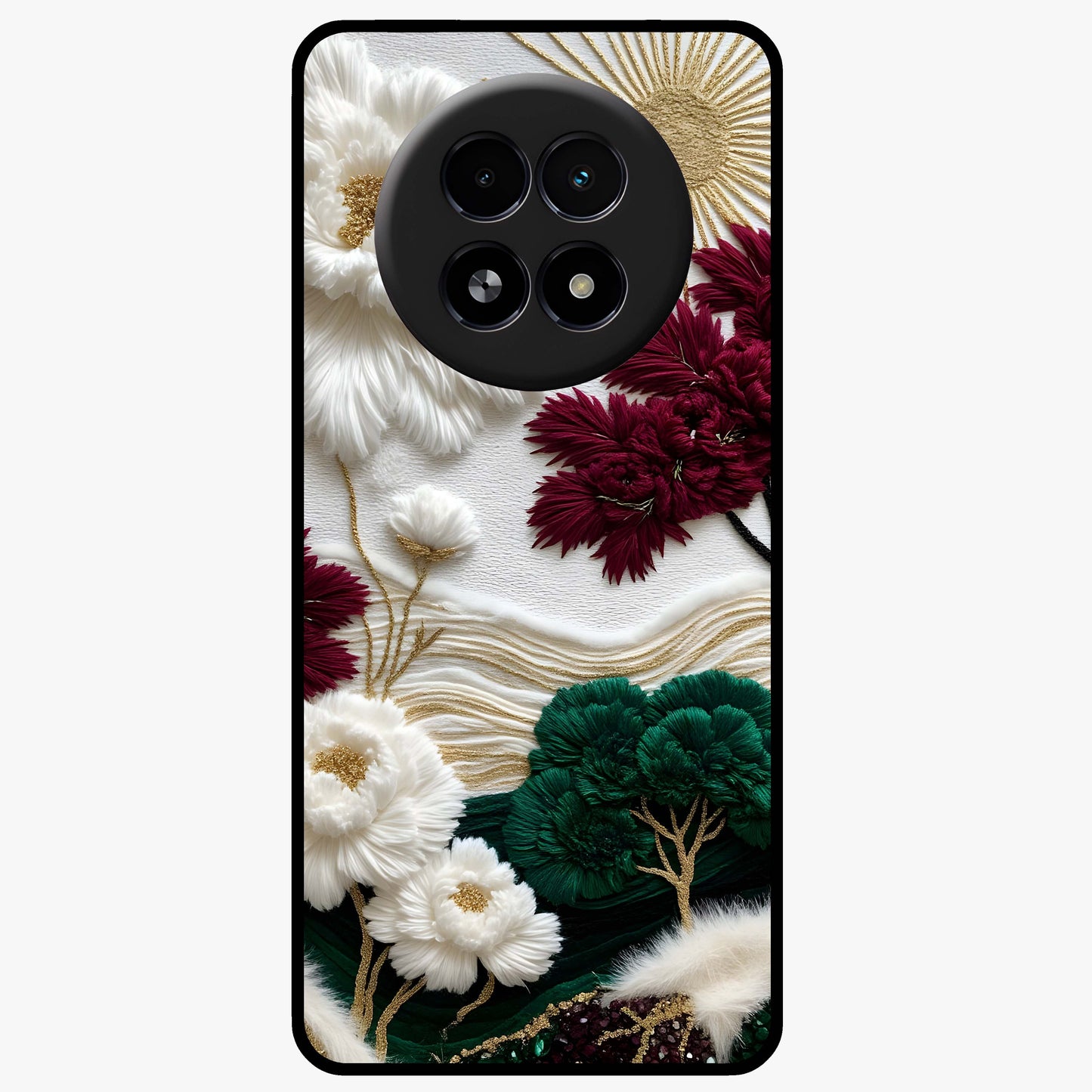 Radiant Bloom Elegance Glass Case showing flat back view with elegant blooming flower artwork and glossy glass finish.