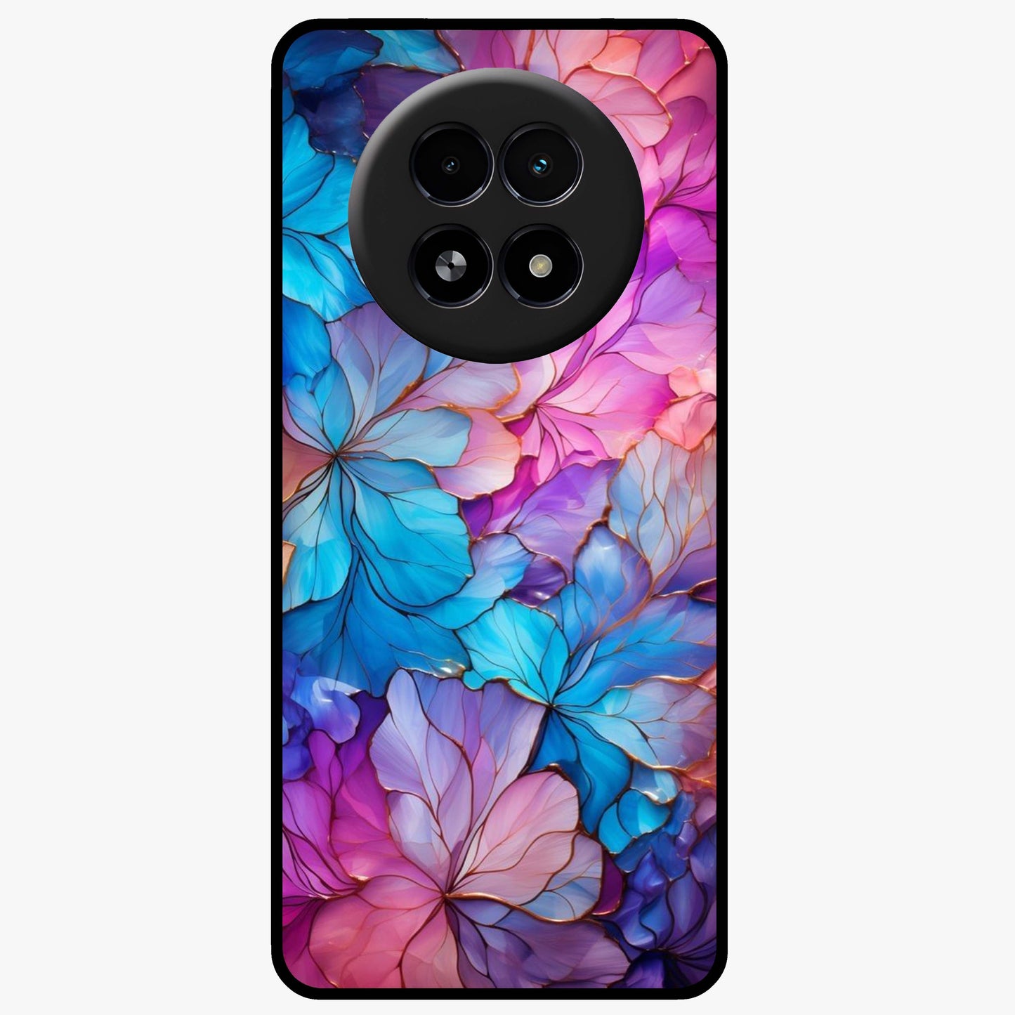 Radiant Floral Whirl Glass Case showing flat back view with swirling floral artwork and glossy glass finish.