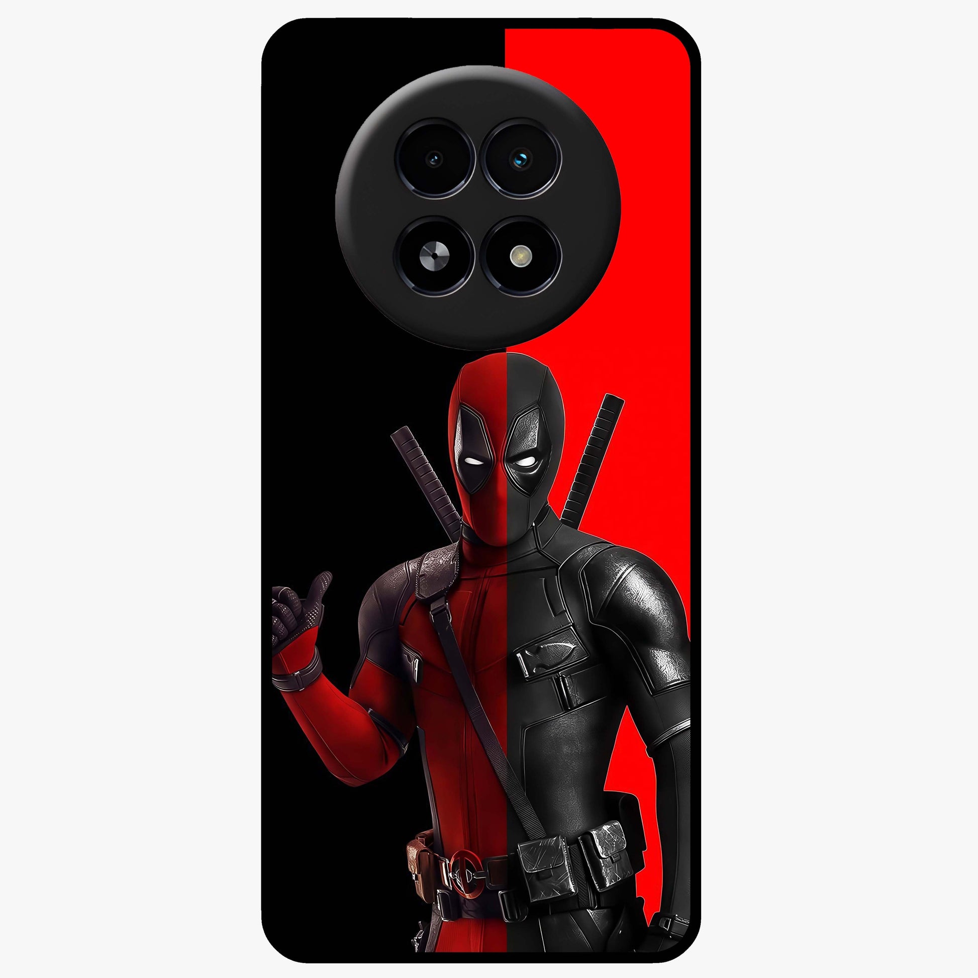 Red & Black Deadpool Theme Glass Case showing flat back view with bold comic inspired artwork and glossy glass finish.