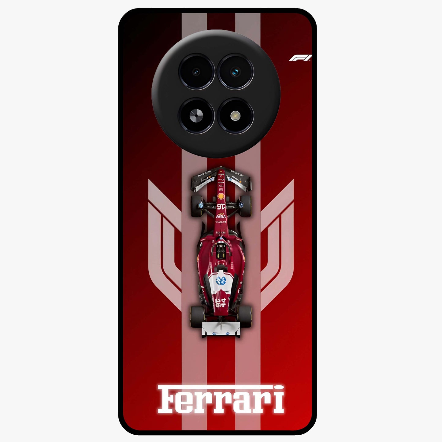 Red Ferrari F1 Vertical Glass Case showing flat back view with sleek Formula racing car artwork and glossy glass finish.