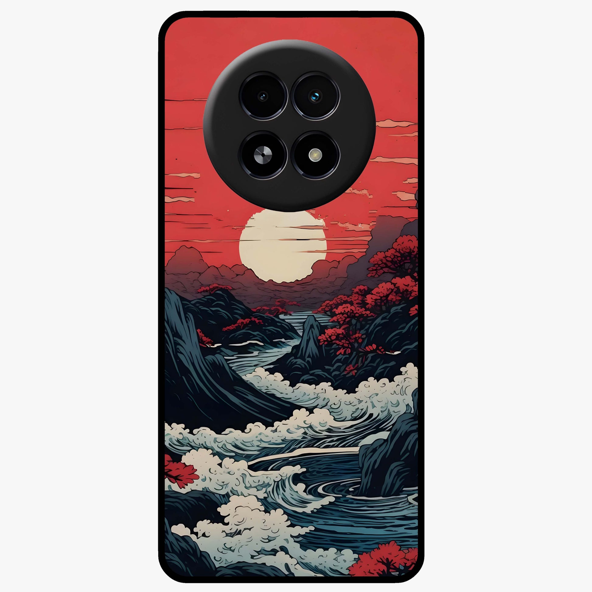 Red Sunset Scenery Glass Case showing flat back view with vibrant sunset landscape artwork and glossy glass finish.