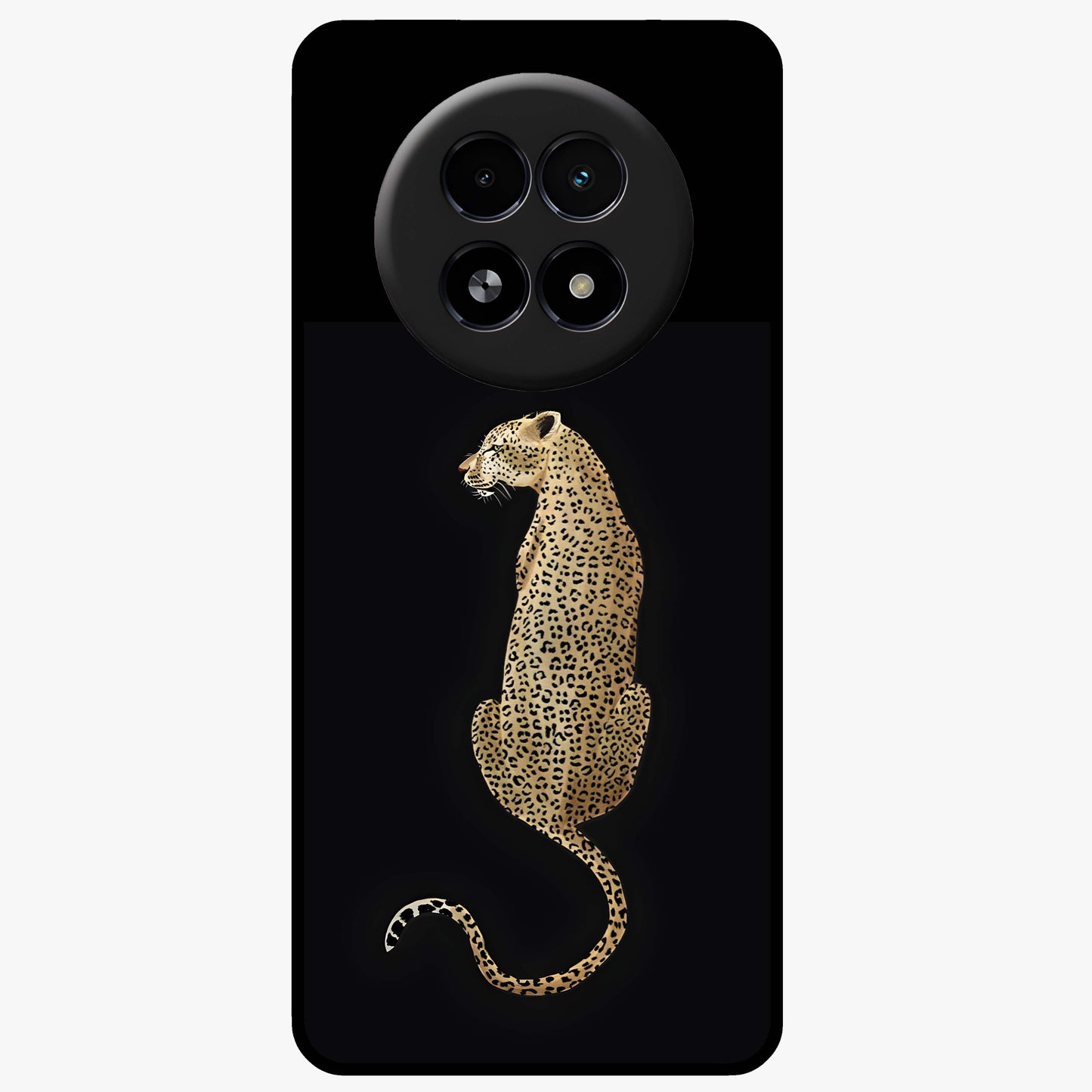 Regal Leopard Glass Case showing flat back view with bold leopard artwork and glossy glass finish.