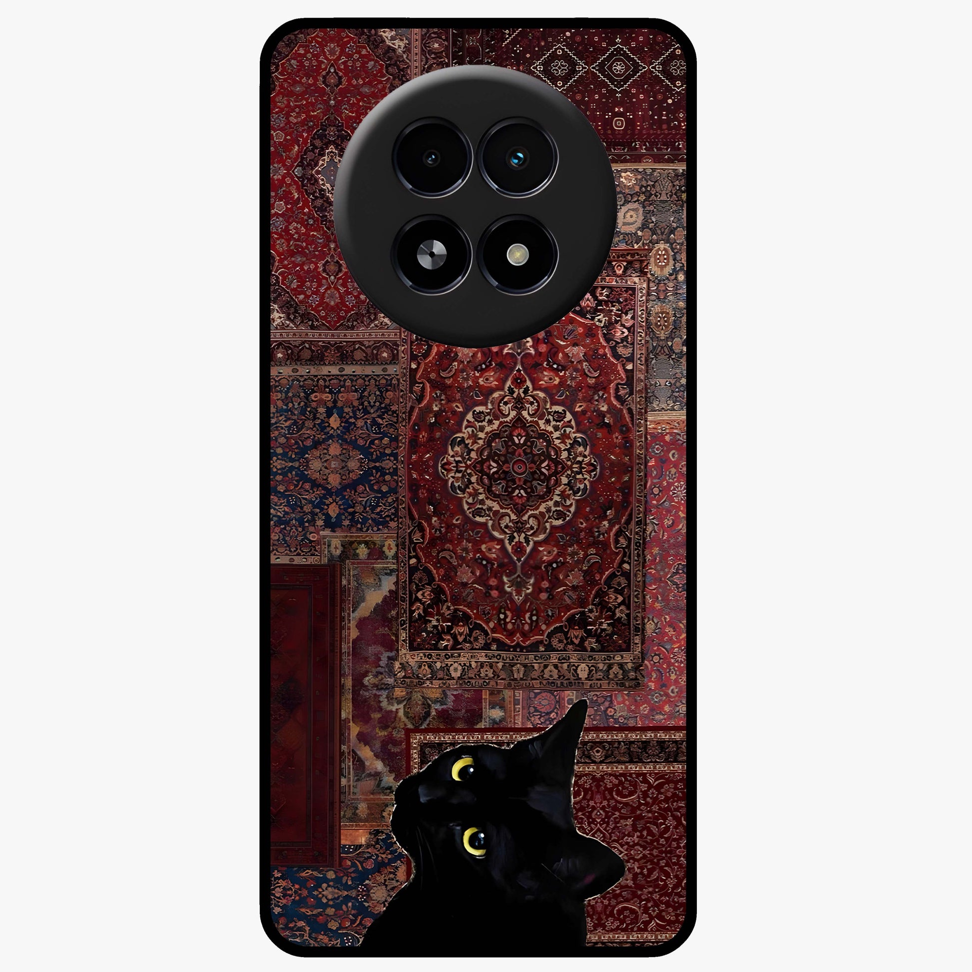 Regal Magic Cat Apple Glass Case showing flat back view with magical cat artwork holding apple and glossy glass finish.
