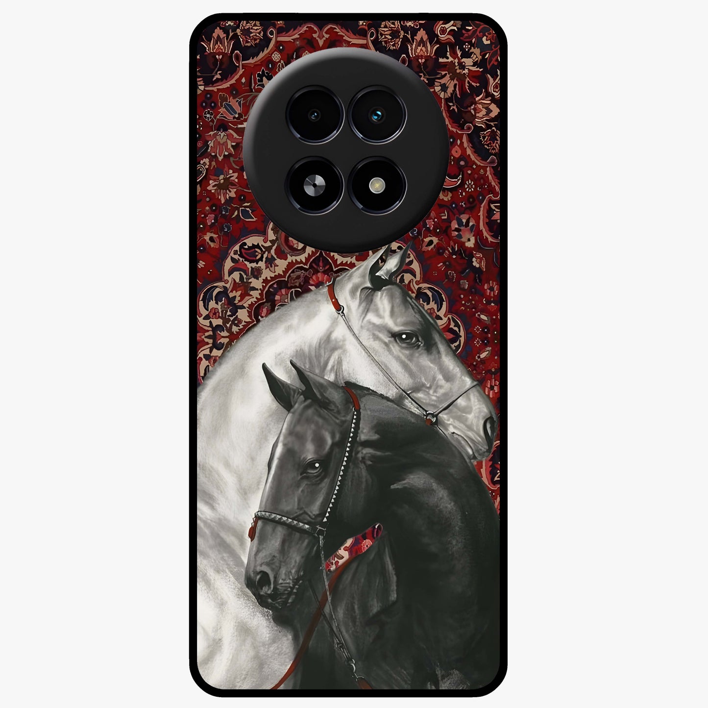 Regal Stallion Tapestry Glass Case showing flat back view with majestic horse tapestry artwork and glossy glass finish.