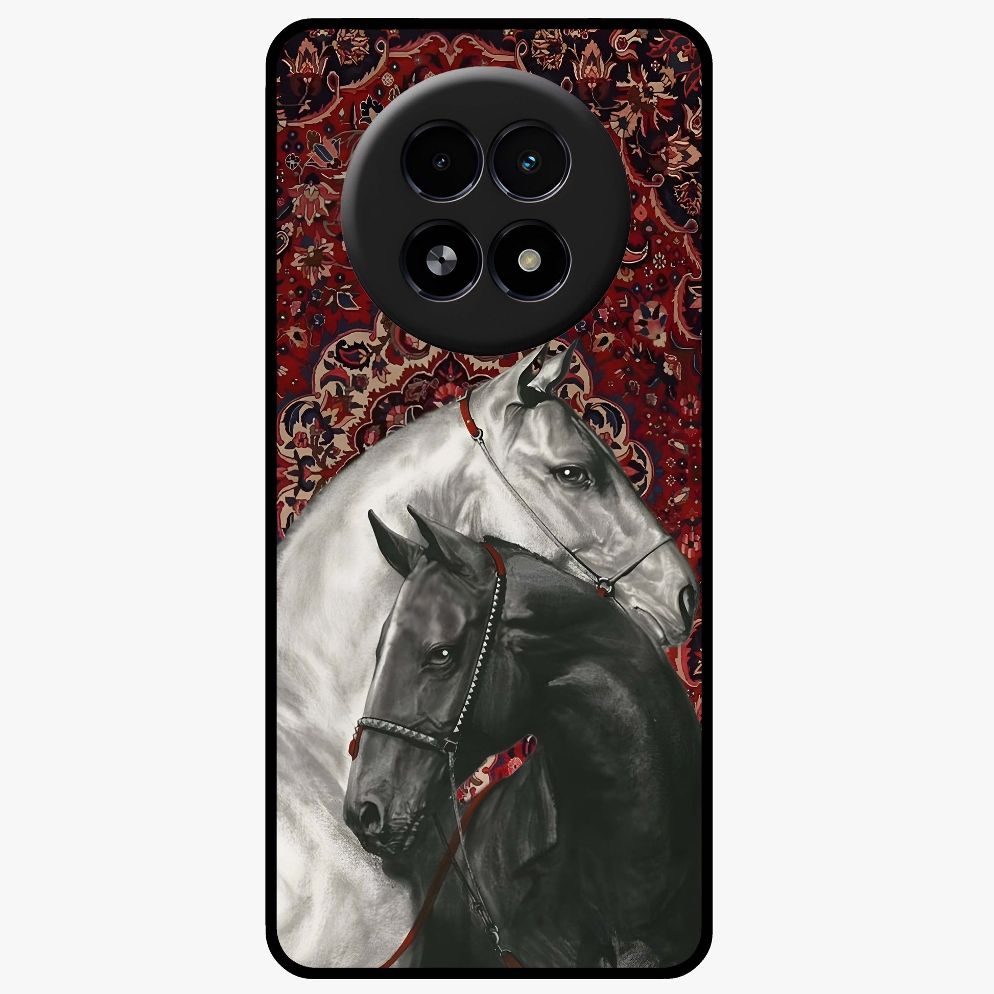 Regal Stallion Tapestry Glass Case showing flat back view with majestic horse tapestry artwork and glossy glass finish.