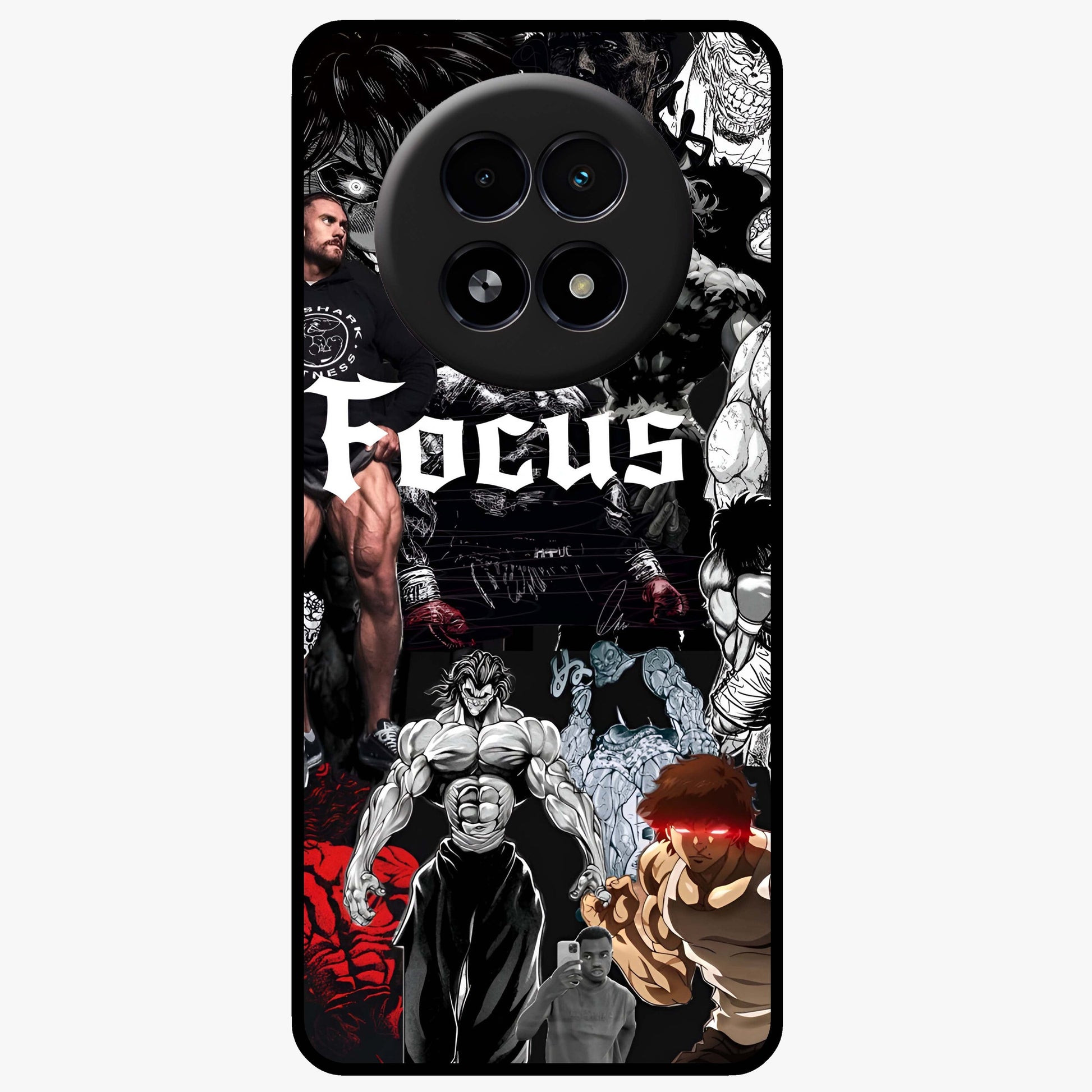 Relentless Power Focus Glass Case showing flat back view with motivational typography artwork and glossy glass finish.