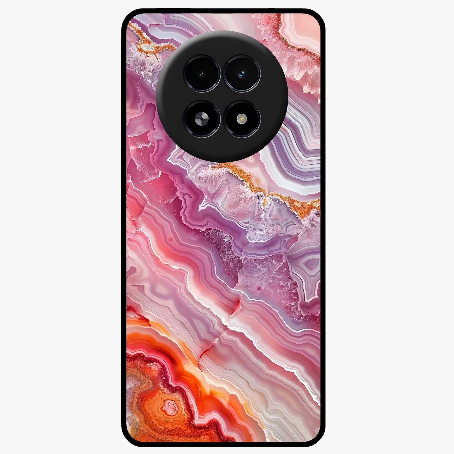 Rose Quartz Marble Glass Case showing flat back view with pink marble quartz texture artwork and glossy glass finish.