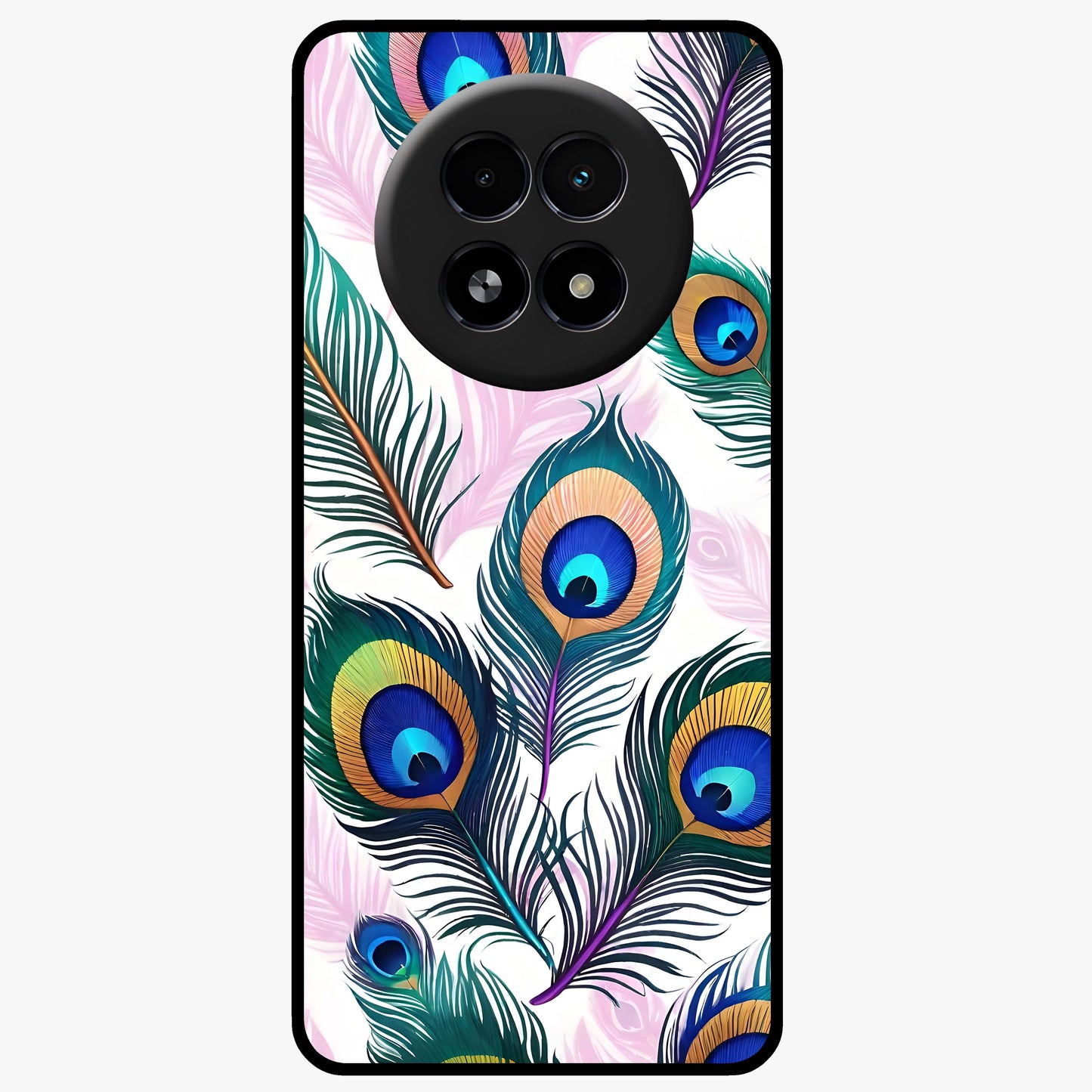 Royal Peacock Feathers Glass Case showing flat back view with colorful peacock feather artwork and glossy glass finish.