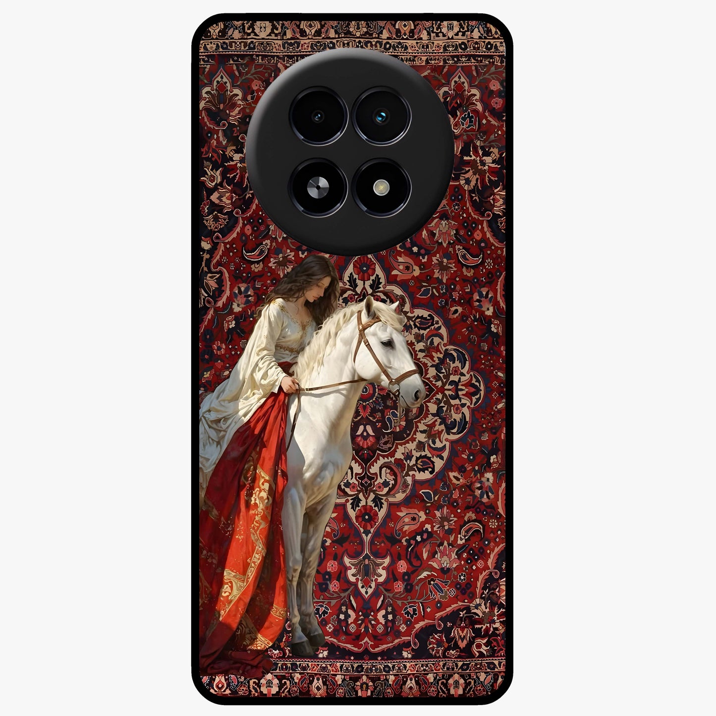 Royal Rider Tapestry Glass Case showing flat back view with majestic horse rider tapestry artwork and glossy glass finish.