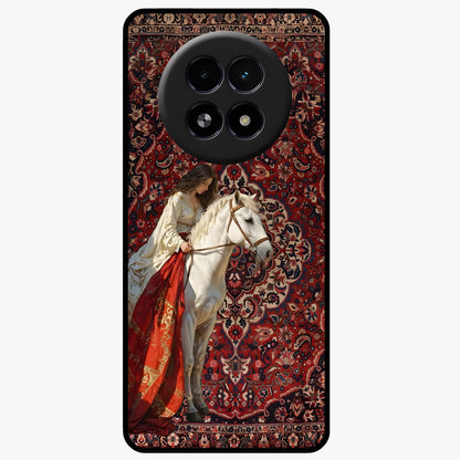 Royal Rider Tapestry Glass Case showing flat back view with majestic horse rider tapestry artwork and glossy glass finish.
