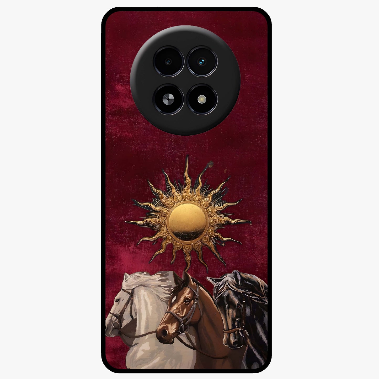 Solar Riders Glass Case showing flat back view with dynamic rider themed artwork and glossy glass finish.