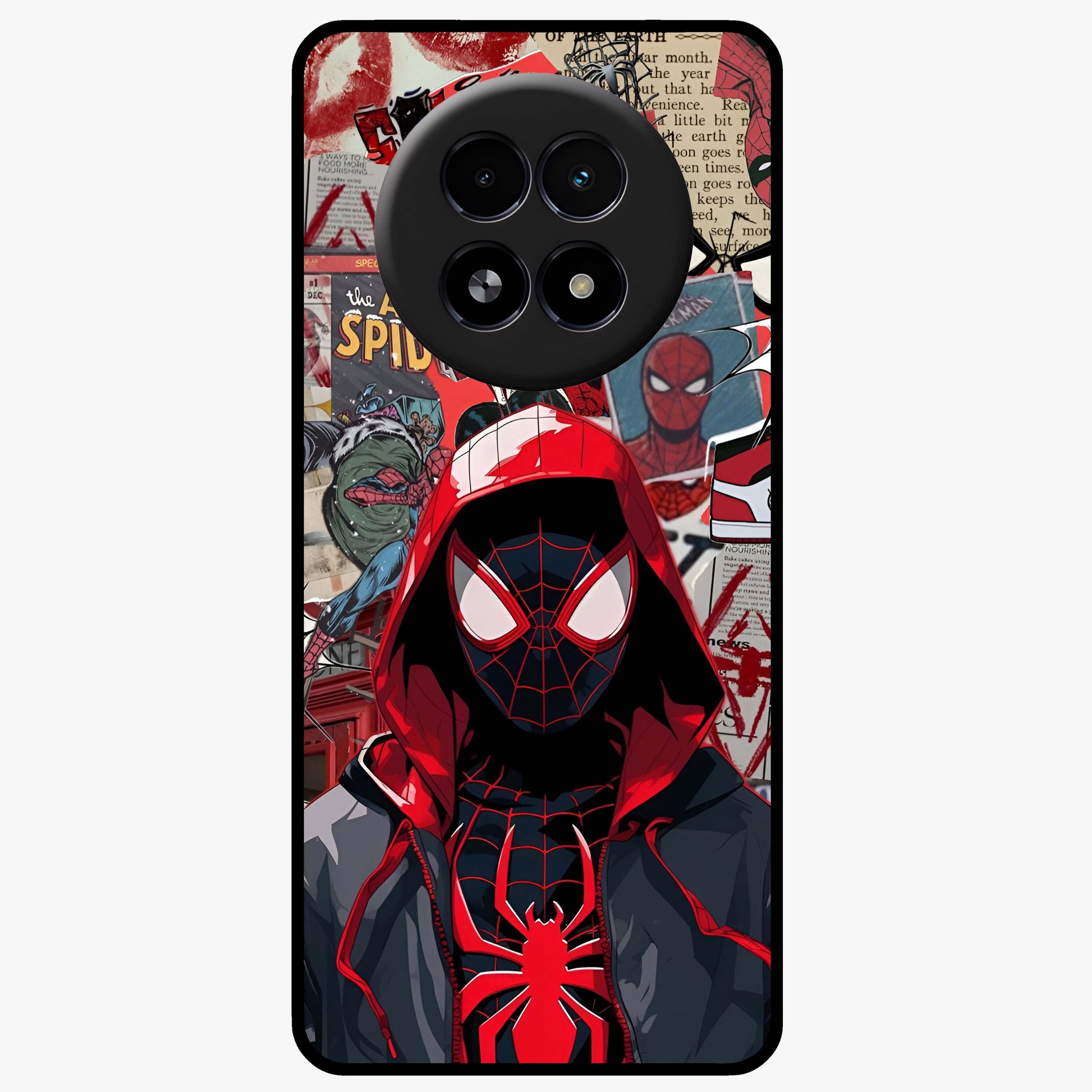 Spider Collage Street Glass Case showing flat back view with vibrant superhero collage artwork and glossy glass finish.