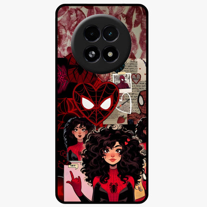 Spider Love Story Glass Case showing flat back view with romantic superhero themed artwork and glossy glass finish.