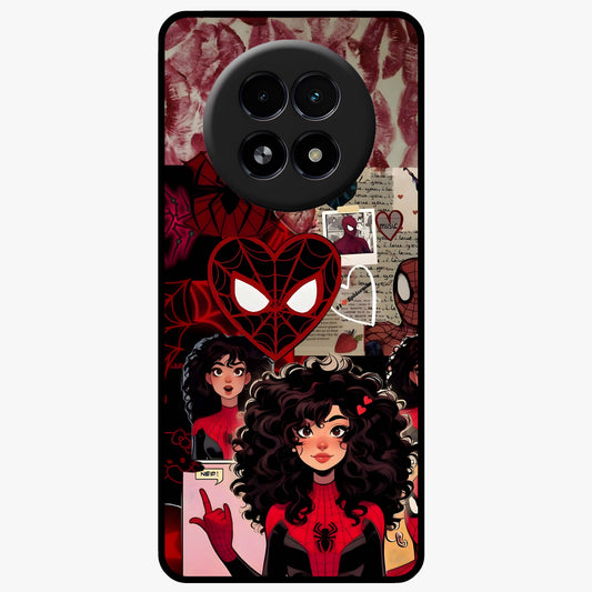 Spider Love Story Glass Case showing flat back view with romantic superhero themed artwork and glossy glass finish.