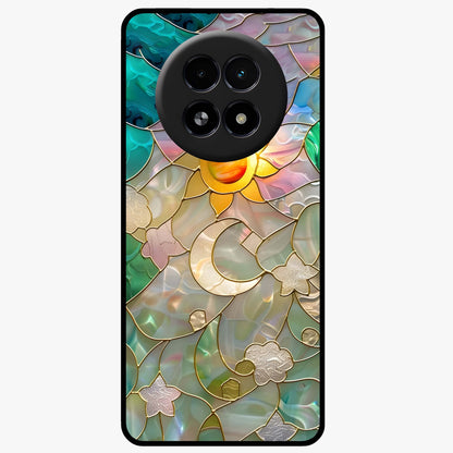 Stained Sunrise Glow Glass Case showing flat back view with glowing sunrise stained pattern artwork and glossy glass finish.