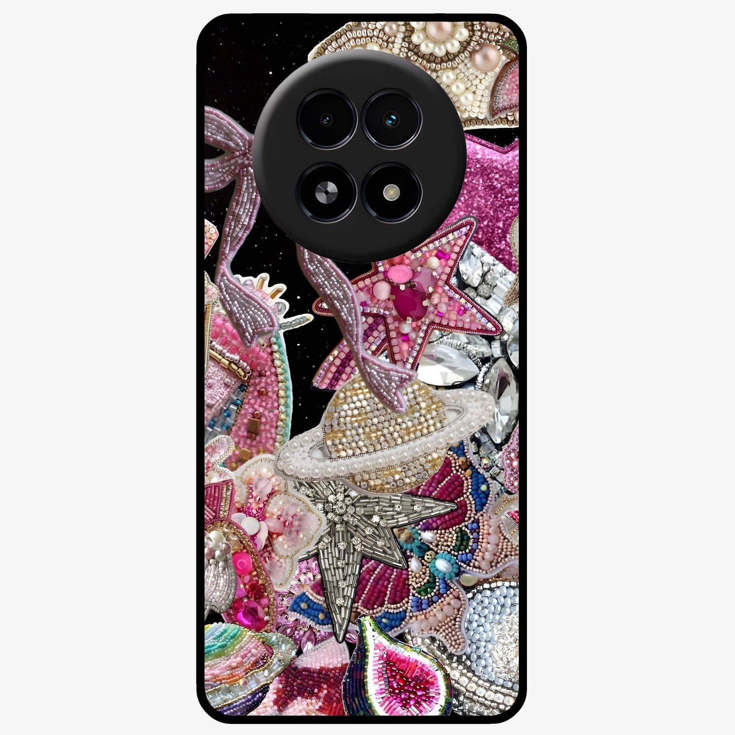 Starlit Jewel Dream Glass Case showing flat back view with sparkling jewel and star themed artwork and glossy glass finish.