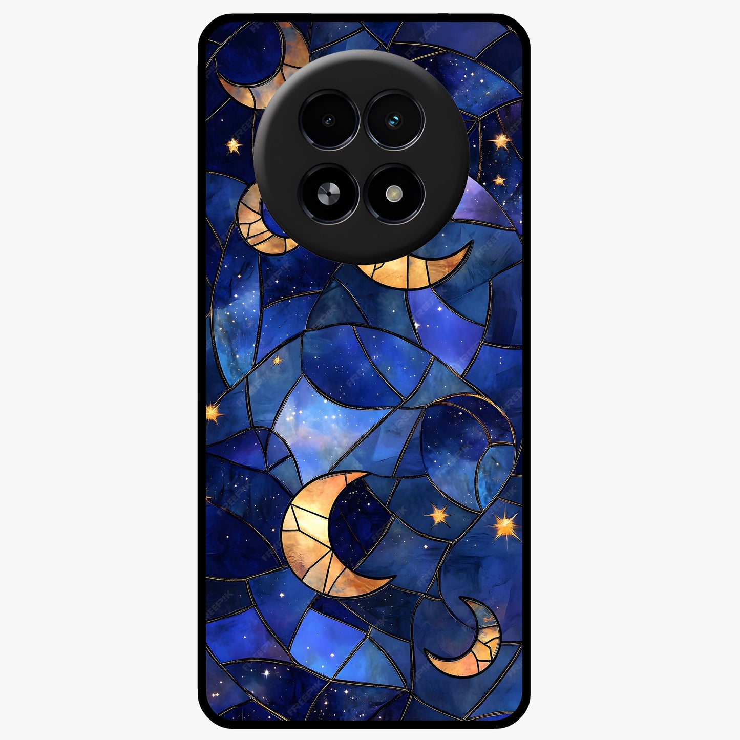 Starlit Sky Tapestry Glass Case showing flat back view with decorative starry sky tapestry artwork and glossy glass finish.