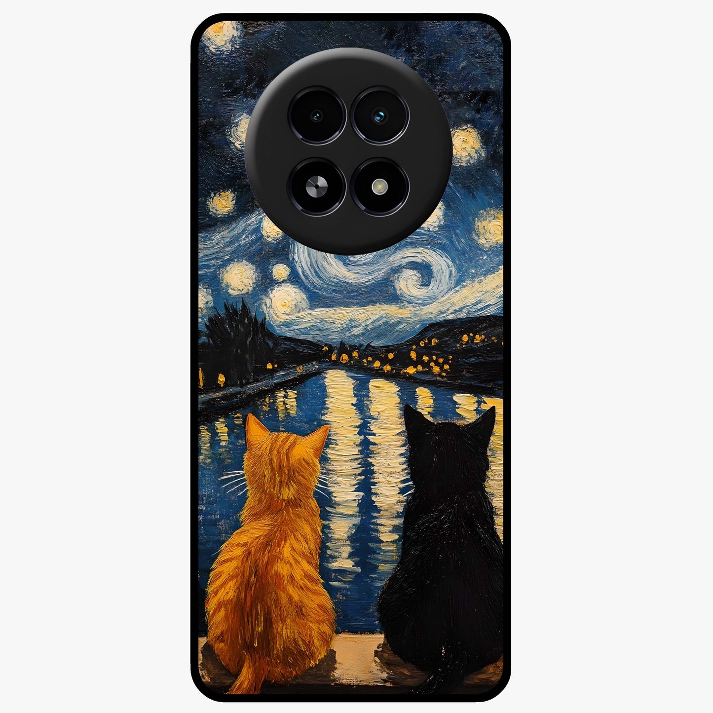 Starry River Cats Glass Case showing flat back view with cats by a starry river artwork and glossy glass finish.