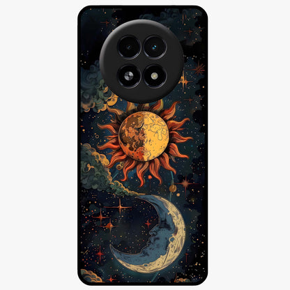 Sun And Moon Magic Design Glass Case showing flat back view with mystical sun and moon artwork and glossy glass finish.