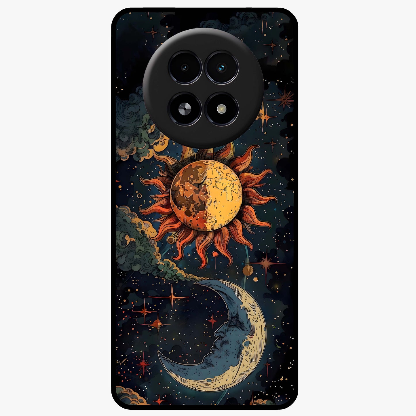 Sun And Moon Magic Design Glass Case showing flat back view with mystical sun and moon artwork and glossy glass finish.