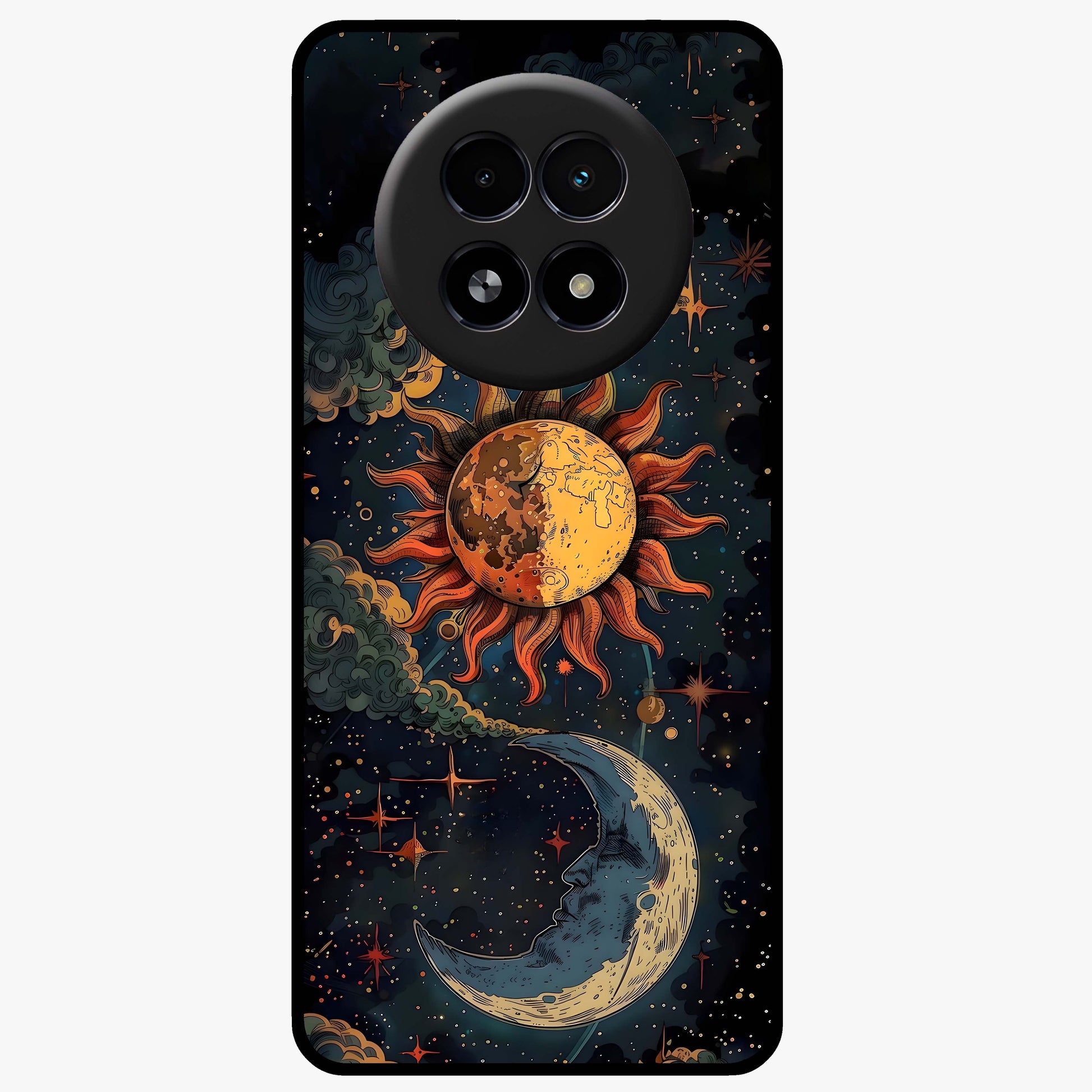 Sun And Moon Magic Design Glass Case showing flat back view with mystical sun and moon artwork and glossy glass finish.