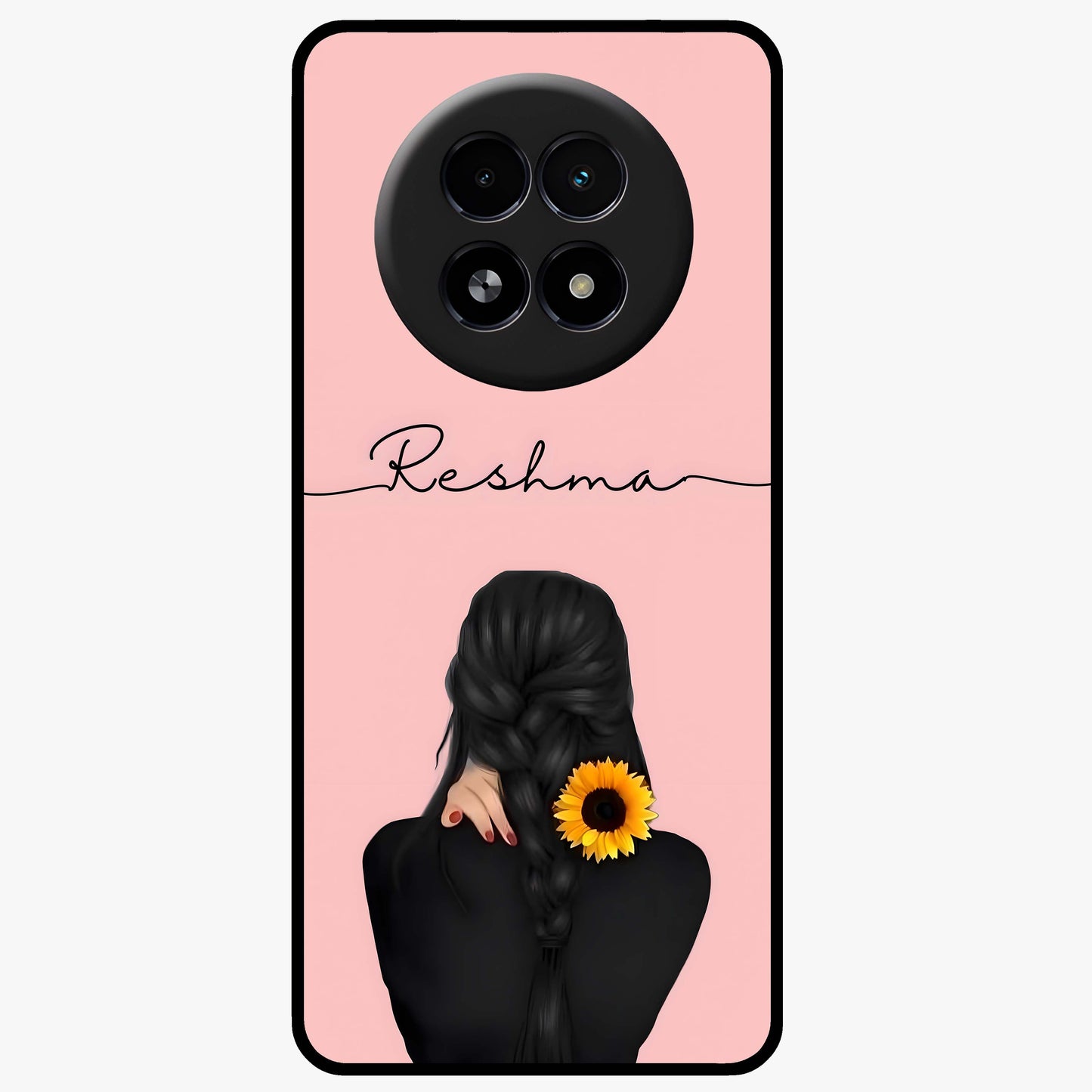 Sunflower Braid Beauty With Custom Name Glass Case showing flat back view with sunflower braid artwork and personalized name design.