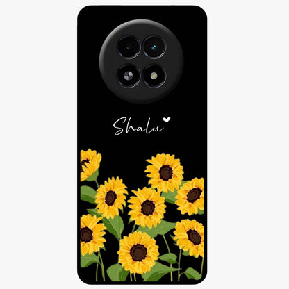 Sunflower Chic Mood Custom Name Glass Case showing flat back view with stylish sunflower artwork and personalized name design.