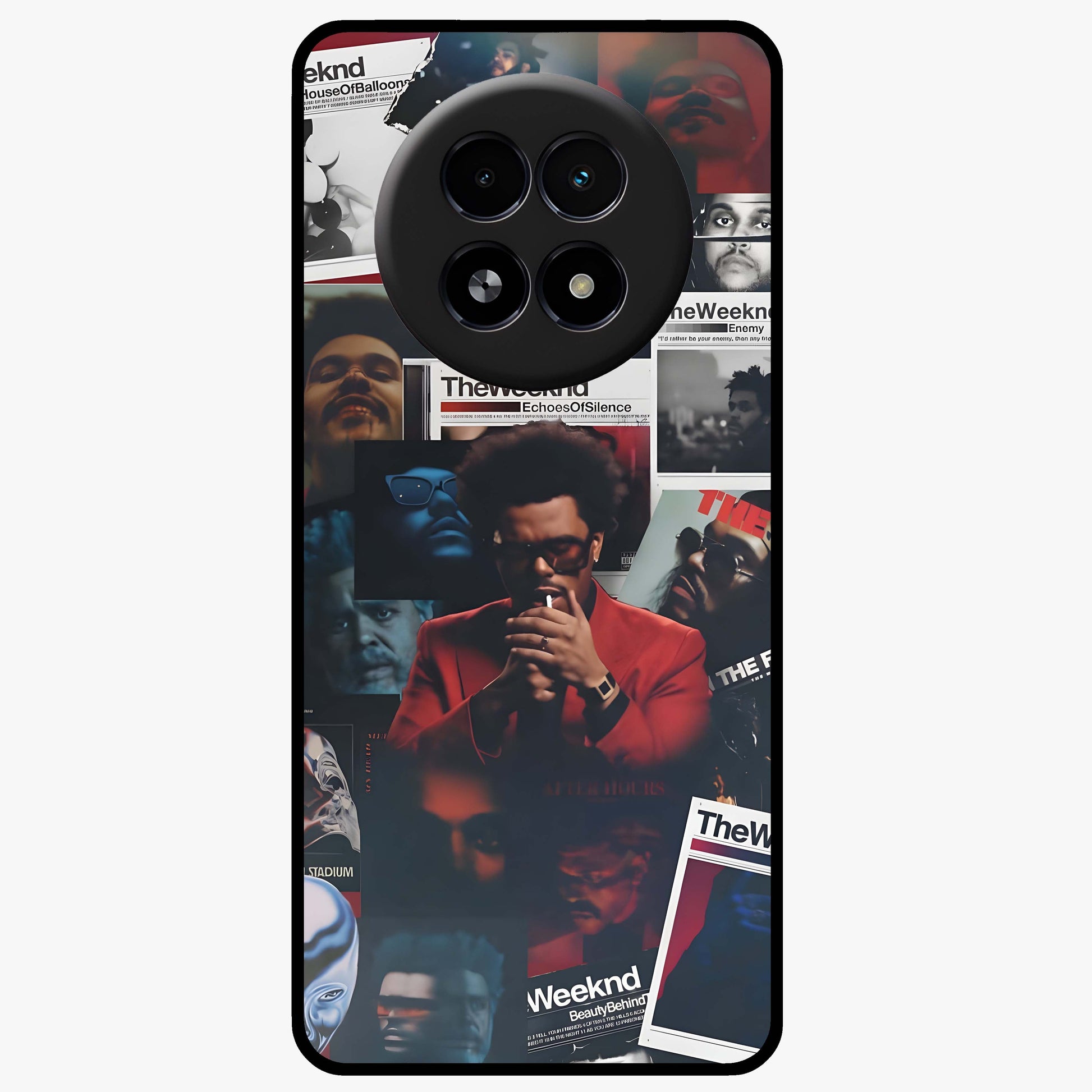 The Weeknd Glass Case showing flat back view with music inspired artistic portrait artwork and glossy glass finish.