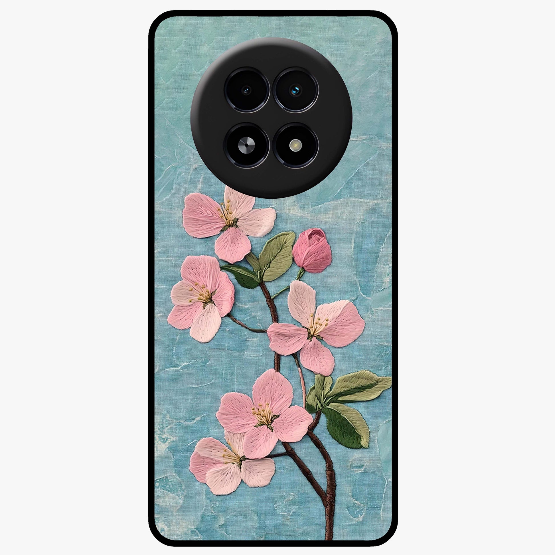 Threaded Blossom Breeze Glass Case showing flat back view with delicate blossom artwork and glossy glass finish.