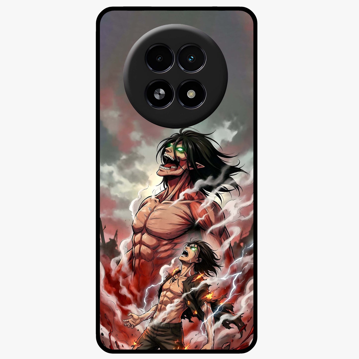 Titan Awakening Fury Glass Case showing flat back view with powerful titan inspired artwork and glossy glass finish.