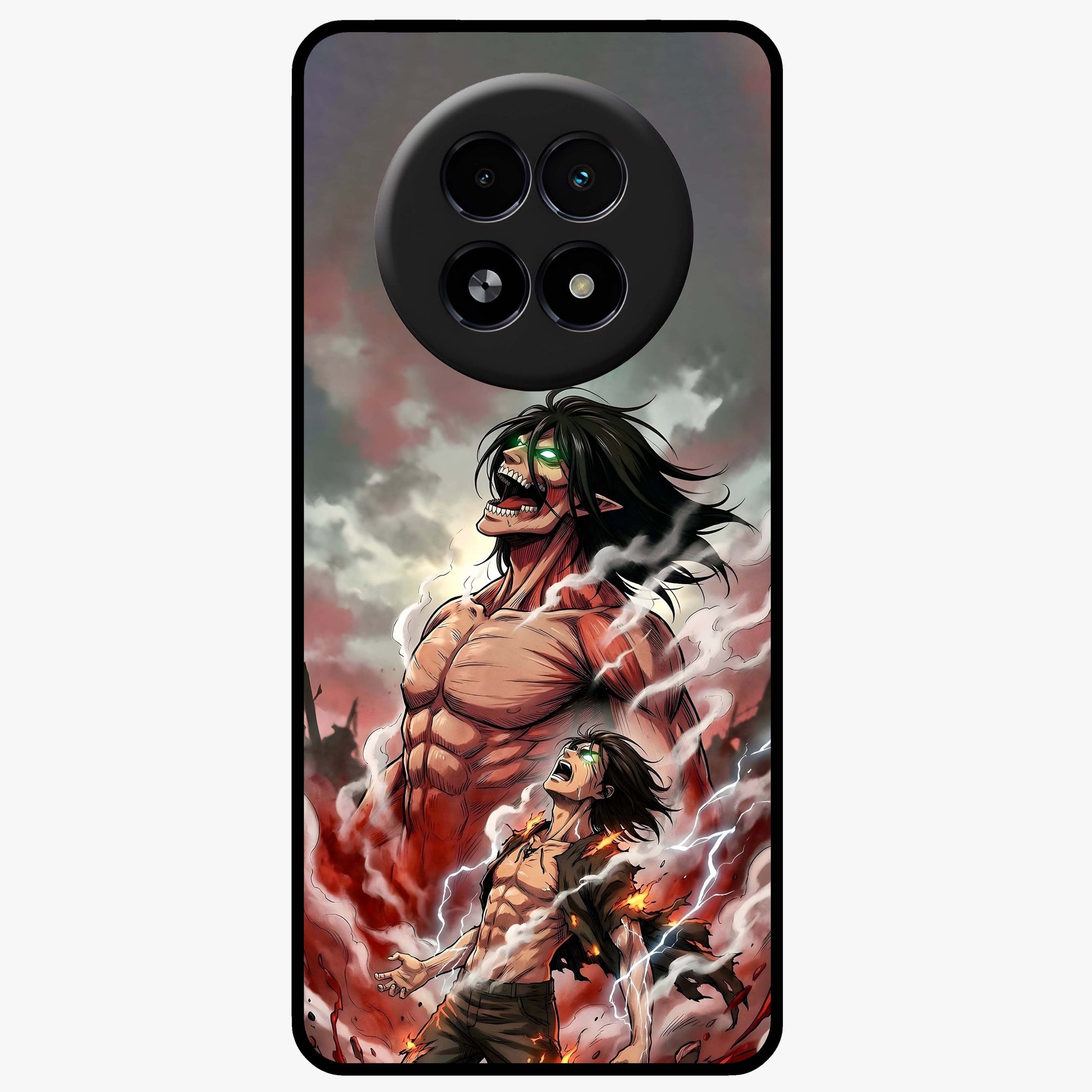 Titan Awakening Fury Glass Case showing flat back view with powerful titan inspired artwork and glossy glass finish.