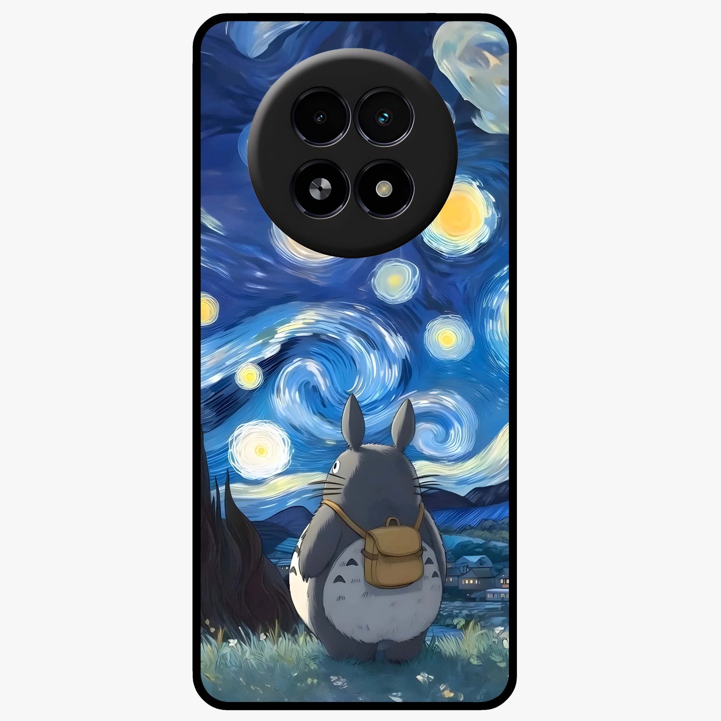 Totoro In Van Gogh Art Glass Case showing flat back view with whimsical character artwork inspired by Van Gogh style and glossy glass finish.