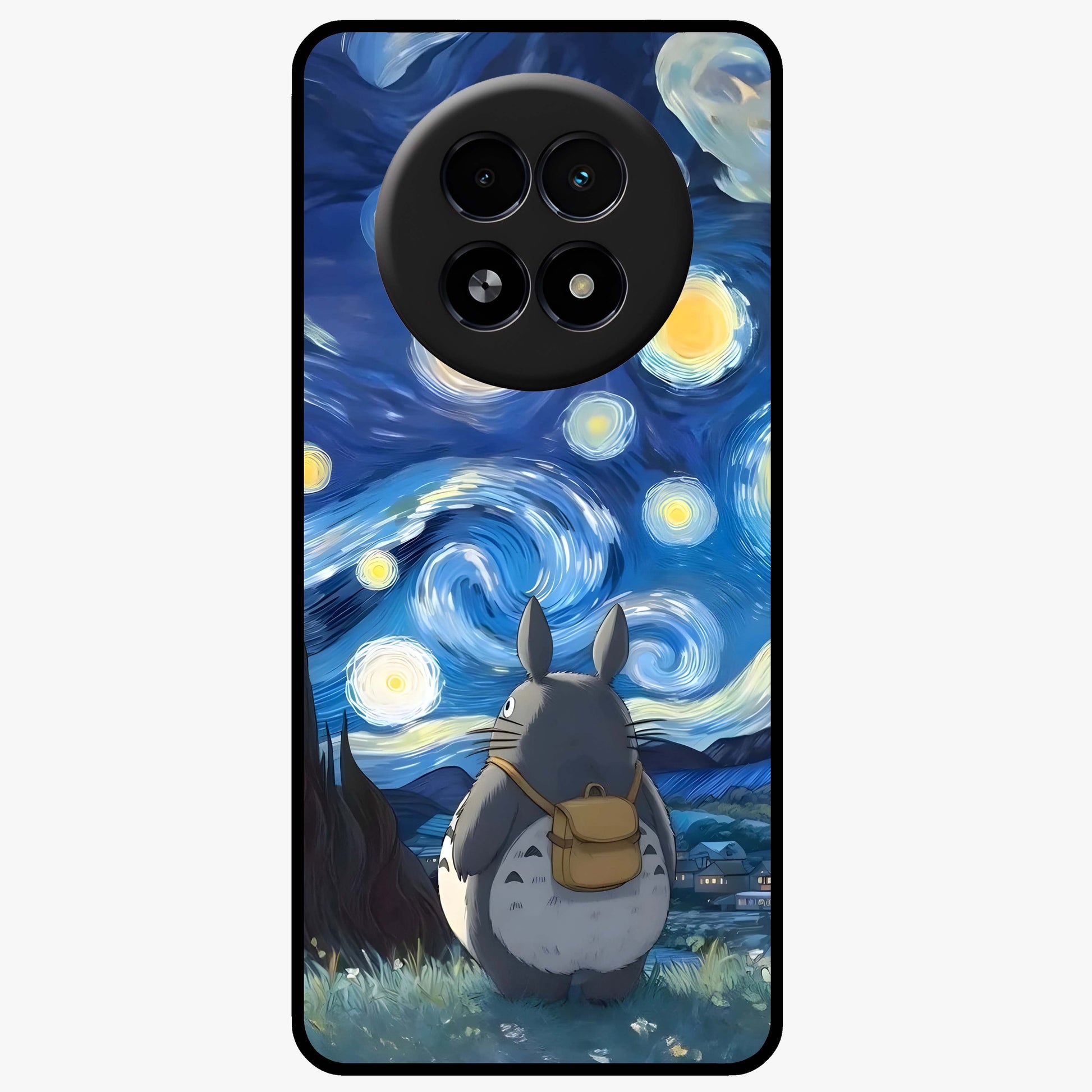 Totoro In Van Gogh Art Glass Case showing flat back view with whimsical character artwork inspired by Van Gogh style and glossy glass finish.