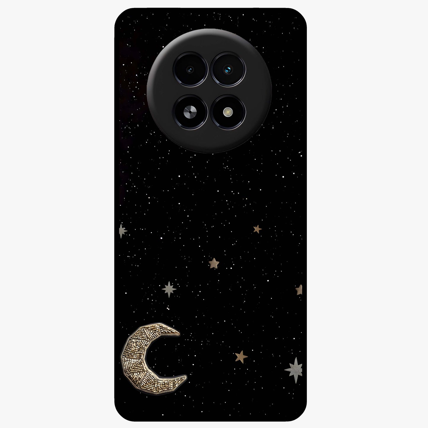 Twinkle Star With Half Moon Glass Case showing flat back view with star and half moon artwork and glossy glass finish.
