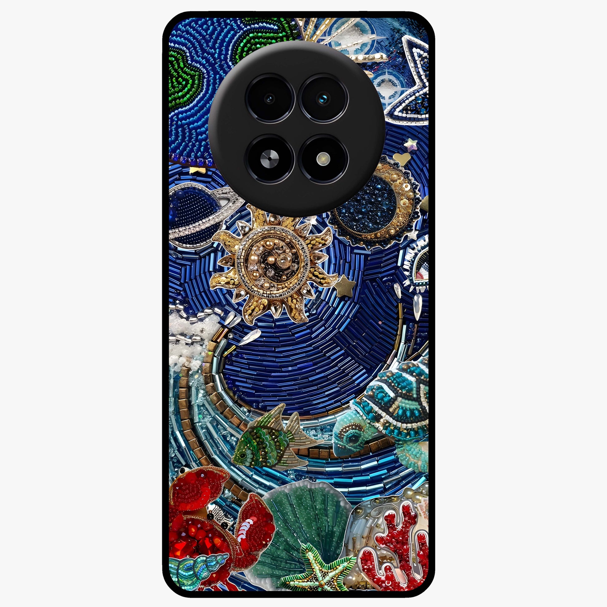 Universe Underwater Spark Glass Case showing flat back view with cosmic underwater themed artwork and glossy glass finish.