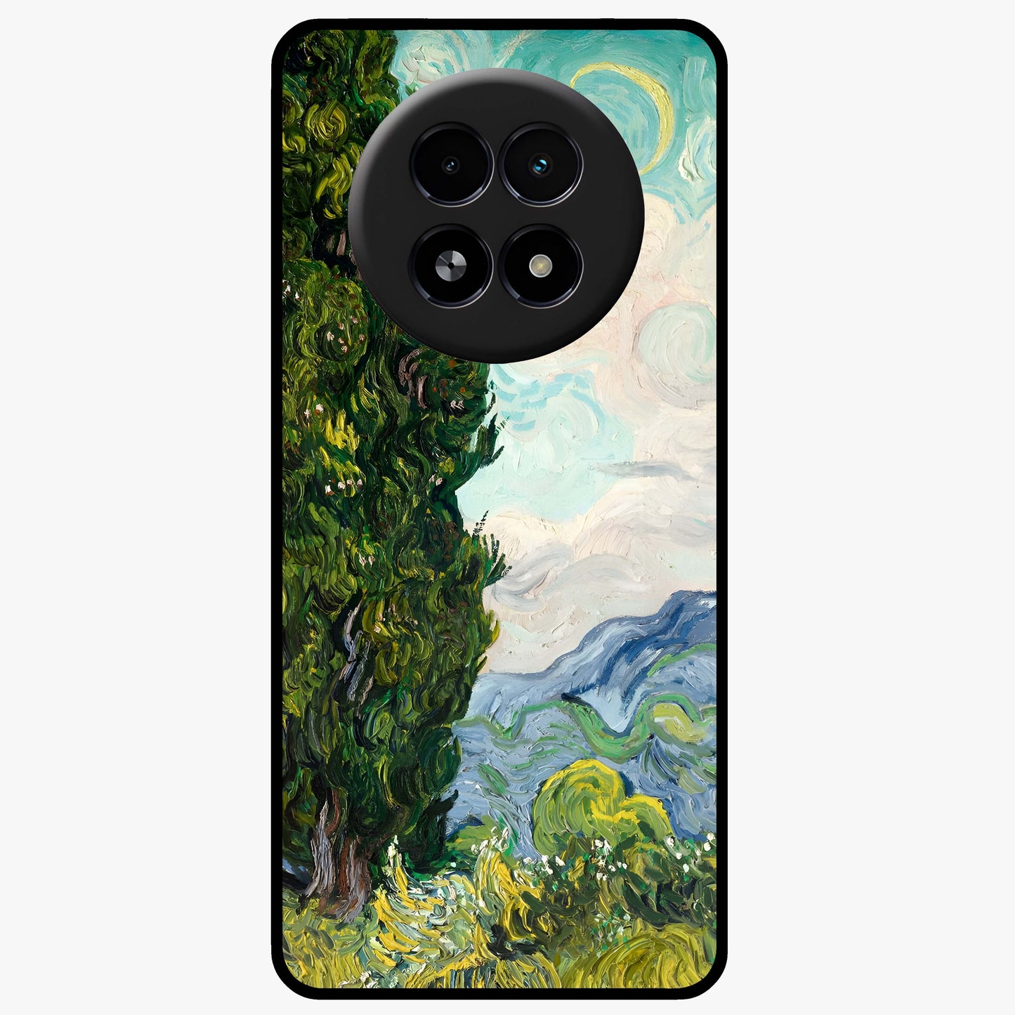 Van Gogh Vintage Art Glass Case showing flat back view with vintage painterly artwork inspired by Van Gogh style and glossy glass finish.