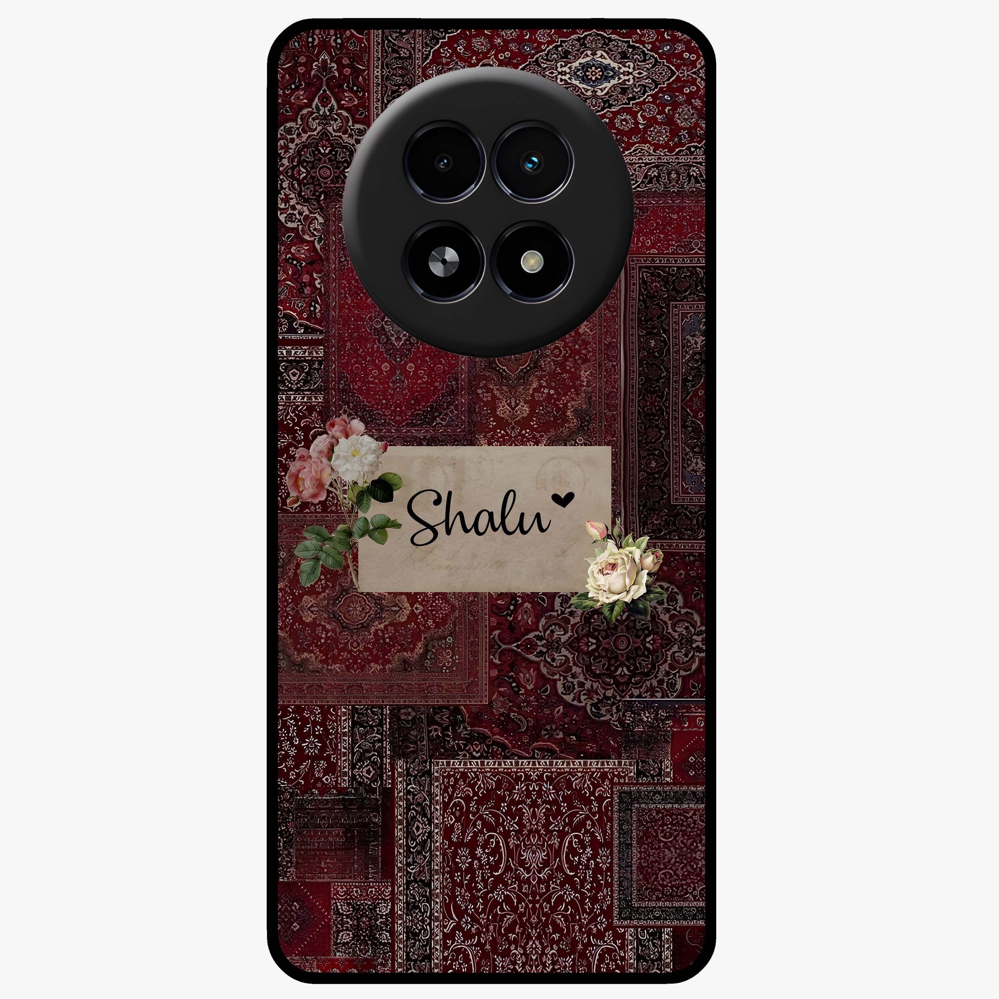 Velvet Wine Pattern Custom Name Glass Case showing flat back view with elegant wine colored pattern artwork and personalized name design.