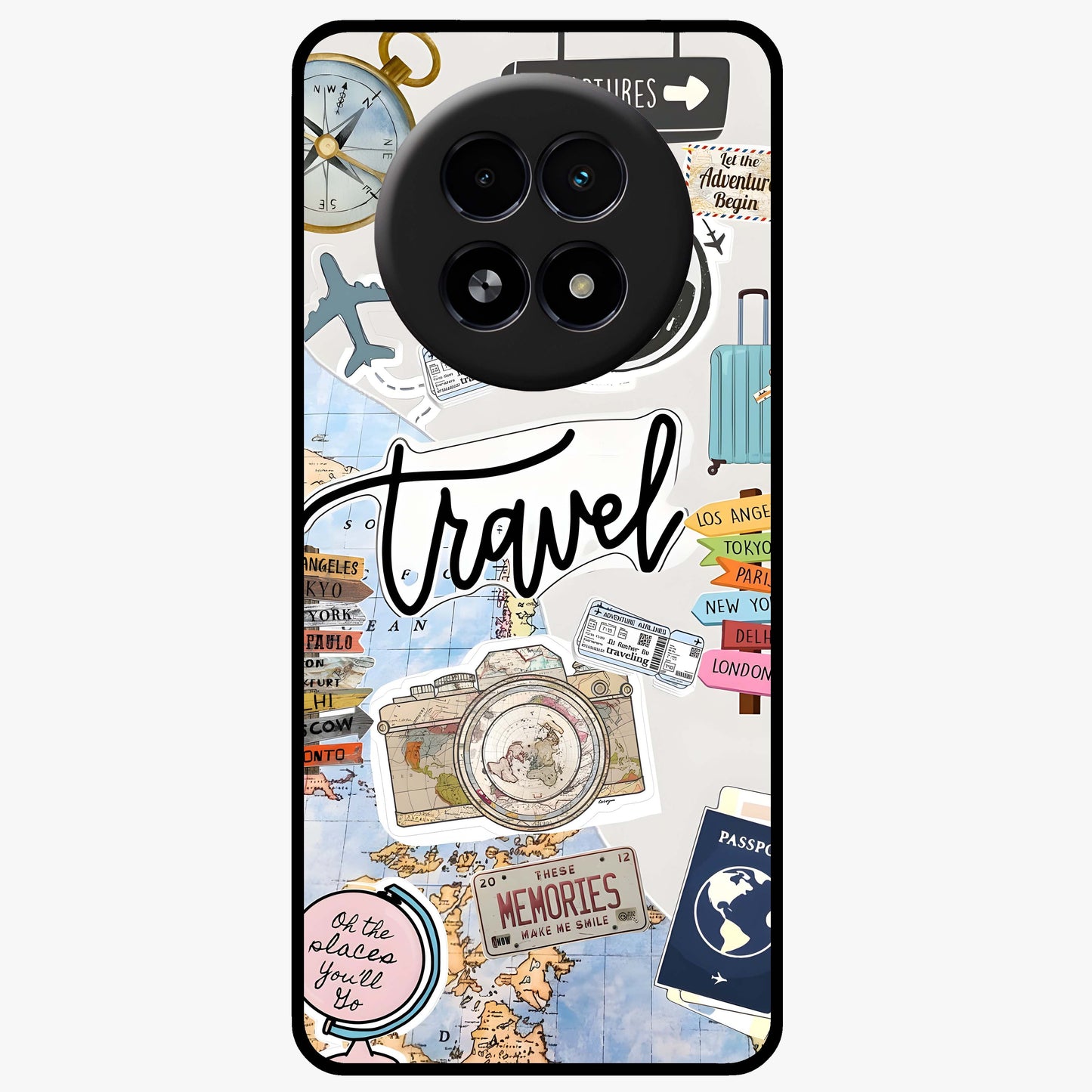 Wanderlust Journal Glass Case showing flat back view with travel inspired artwork and glossy glass finish.