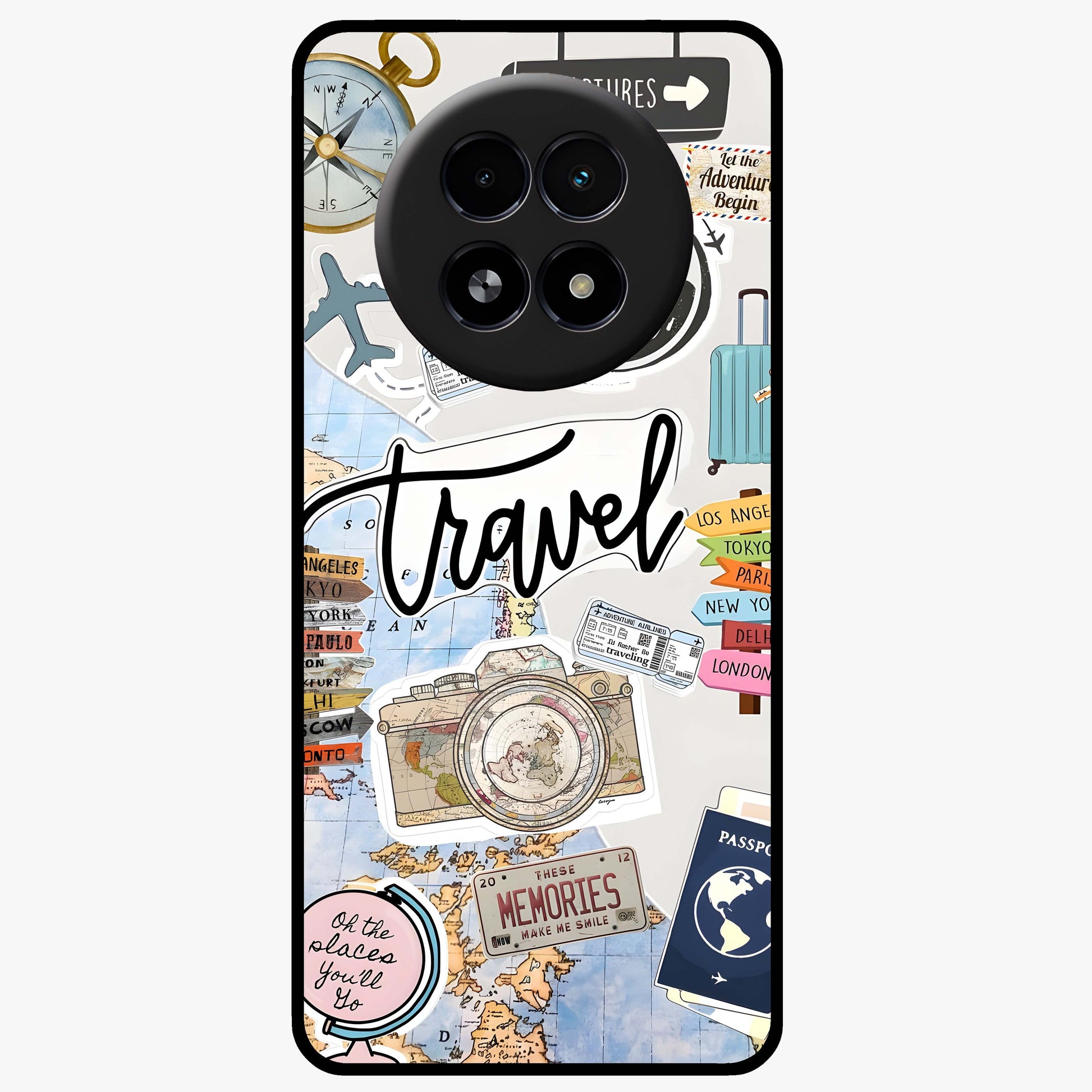 Wanderlust Journal Glass Case showing flat back view with travel inspired artwork and glossy glass finish.