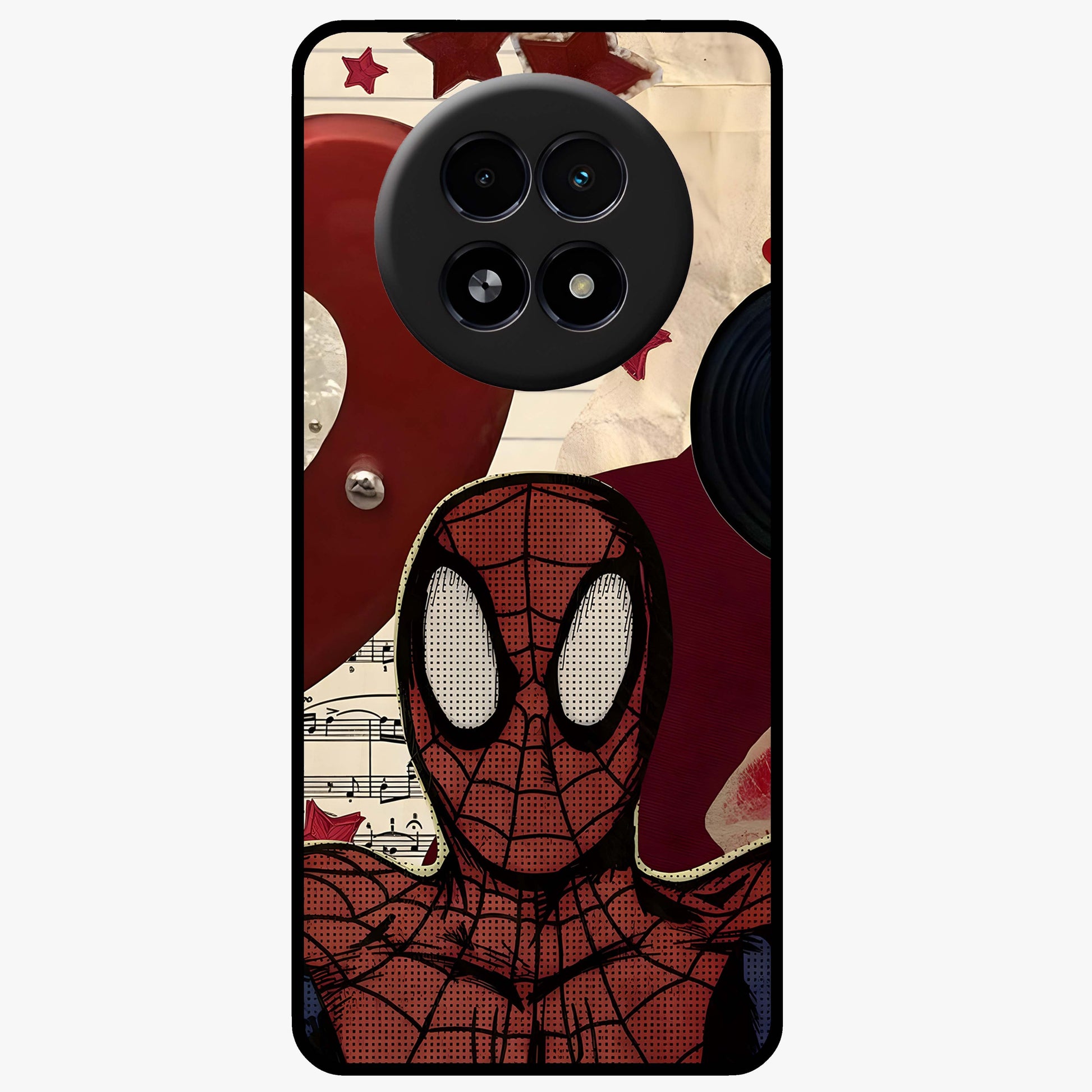 Web Warrior Vibes Glass Case showing flat back view with superhero inspired web themed artwork and glossy glass finish.