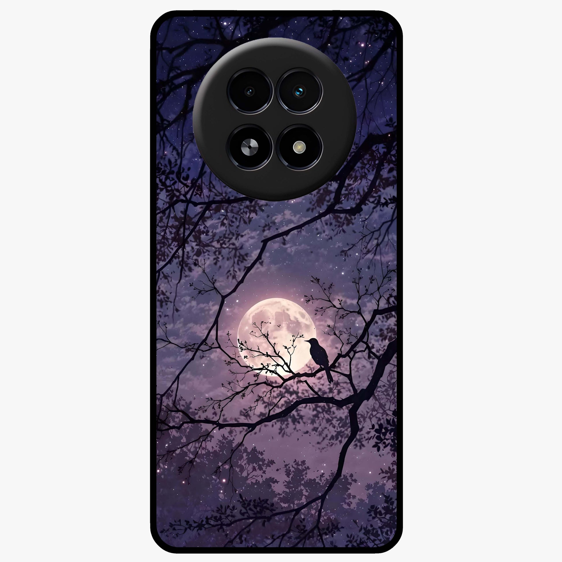 Whispering Moon Silence Glass Case showing flat back view with serene moon themed artwork and glossy glass finish.