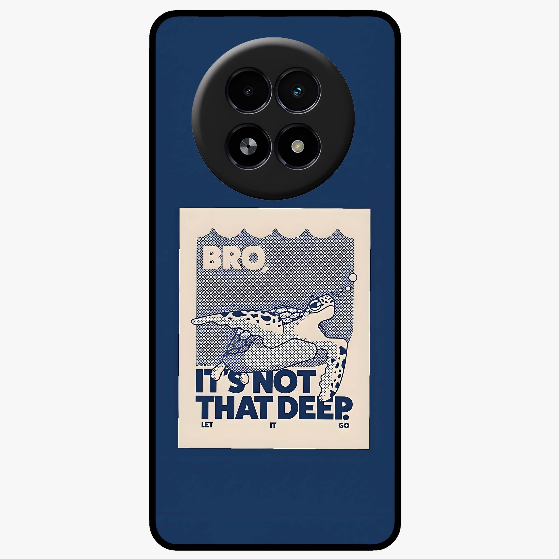 Worry Less Swim Glass Case showing flat back view with playful motivational artwork and glossy glass finish.