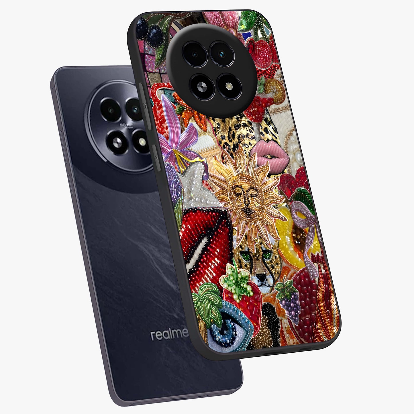Beaded Fashion Jungle Glass Case displayed in angled mockup highlighting colorful fashion bead design and artistic pattern.