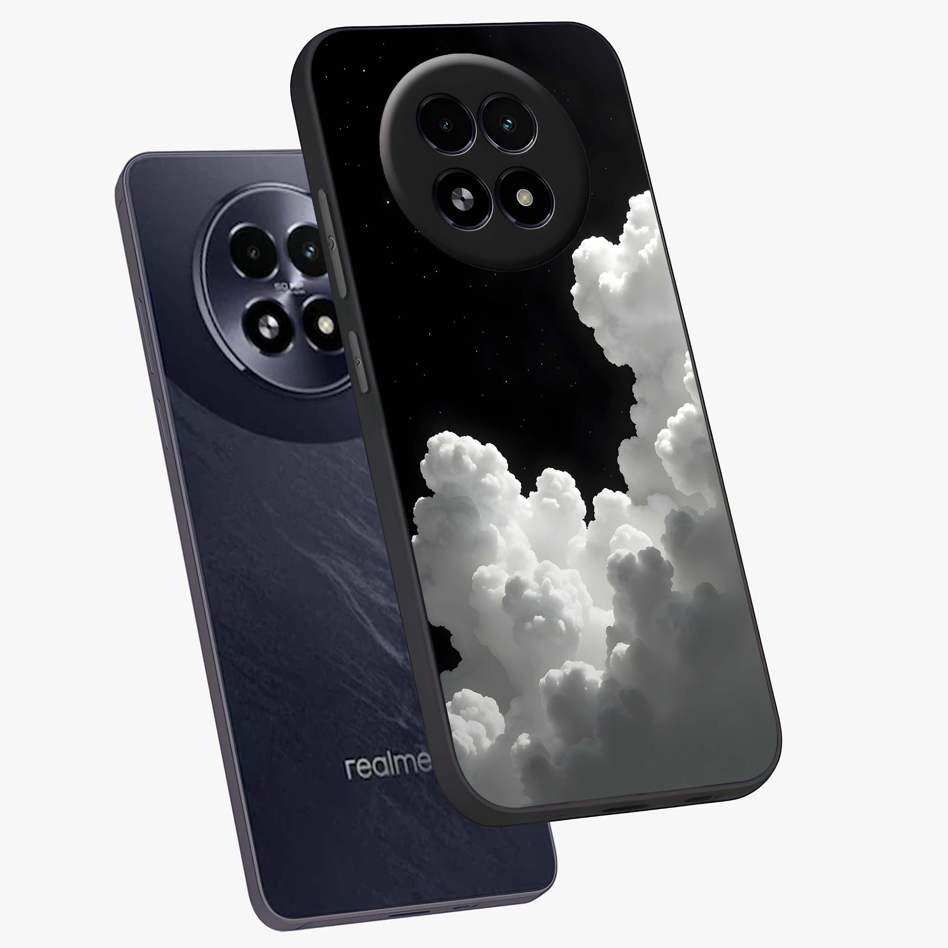 Black Background With White Cloud Glass Case displayed in angled mockup highlighting soft white cloud illustration and minimal design.