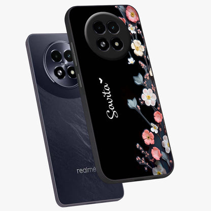 Black Elegance Floral Custom Name Glass Case displayed in angled mockup highlighting dark floral aesthetic and custom name feature.